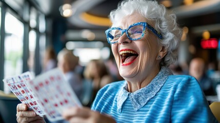 An elderly woman is shown enjoying a game of bingo in a lively indoor setting, holding bingo cards, representing community, engagement, and delight.