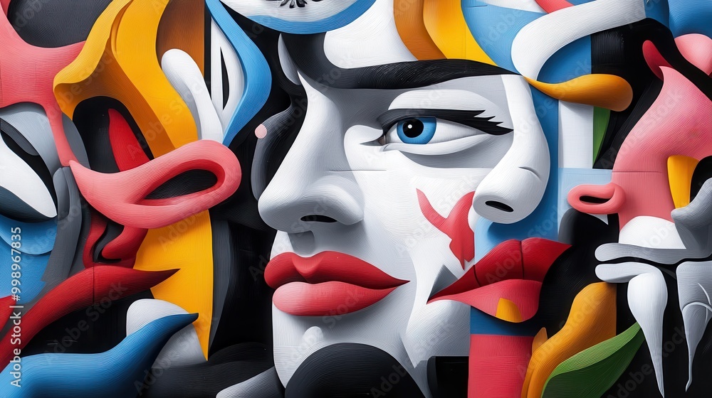 Aufkleber A bright and bold abstract mural featuring a captivating array of vibrant 3D shapes, intertwining in an artistic fashion, adding life and color to the wall.