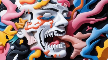 Obraz premium A vibrant, abstract artwork featuring a fragmented face with various color splashes, portraying surrealism and the complexity of human emotions and identity.