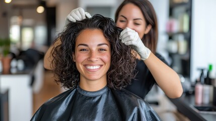 A hairdresser colors a woman's curly hair in a vibrant salon, showcasing the artistry of hair coloring, professional care, and the bright, welcoming environment typical of modern salons.