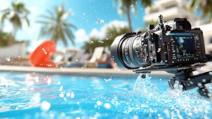 High-tech camera on tripod capturing vibrant poolside moments, featuring a crystal-clear swimming pool with water splashes and blurred loungers in the background.