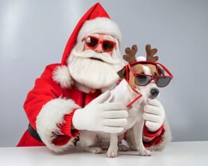Portrait of santa claus in sunglasses and dog jack russell terrier in rudolf reindeer ears on a white background. 