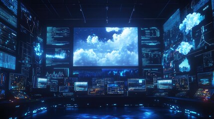 A dark room filled with glowing computer screens displaying various data, charts, and a large screen showing a night sky with clouds.