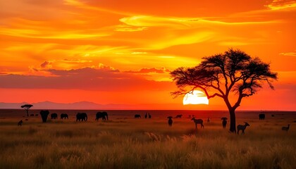 A breathtaking African savanna with animals, generative ai
