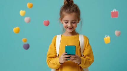 A girl with a top bun hairstyle, wearing a yellow sweater and a backpack, is using a smartphone while yellow and purple icons float against a teal background.