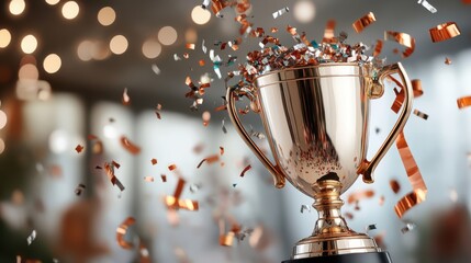 A shining golden trophy surrounded by raining confetti epitomizes celebration and success against a blurred background, capturing a joyous milestone achievement moment.