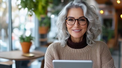 An elderly woman with white hair uses a tablet device in a casual home setting. Surroundings include potted plants, subtle lighting, and a serene atmosphere in the background.