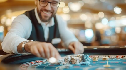 A casino dealer in a vest and formal shirt handles poker chips on a table, setting the stage for a professional gambling experience in a brightly lit casino.