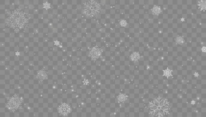 Tiny flying snow flakes illustration. Snowstorm dust freeze shapes. Snowfall sky white transparent wallpaper. Flat snowflakes january vector. Snow hurricane landscape.