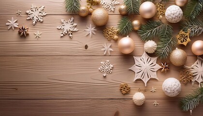 Christmas tree decorations and snowflakes scattered on wooden background with space for text, christmas and new year concept