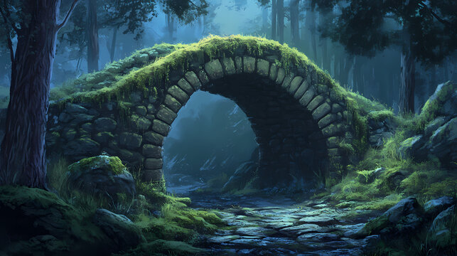 Troll bridge, mossy stones, dusk, troll s domain scene, under bridge, twilight dampness, guarded passage. Troll Bridge. Illustration