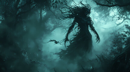 Vampire in the woods,in the midst of a mist-laden forest, a hauntingly beautiful dryad with gnarled branches for limbs emerges from the shadows in an hdr photograph. Dryad. Illustration