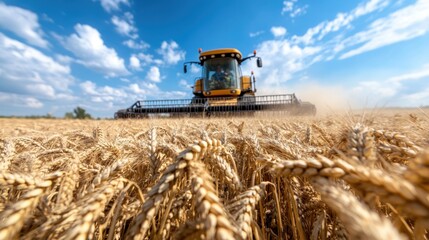Obraz premium A combine harvester efficiently works its way through golden wheat fields under a blue sky with scattered clouds, showcasing the essence of modern agricultural practices.