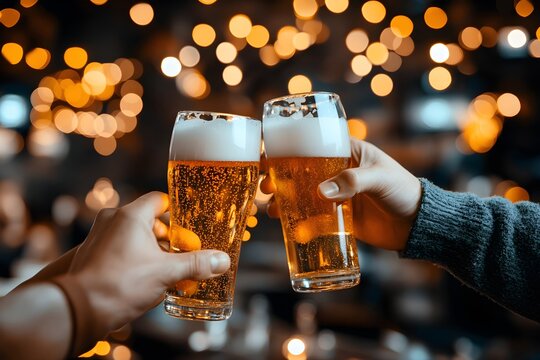 Friends toasting glasses of beer in pub. Bokeh bar interior background. Oktoberfest festival, St Patrick's Day celebration. Craft brewery concept. - Powered by Adobe
