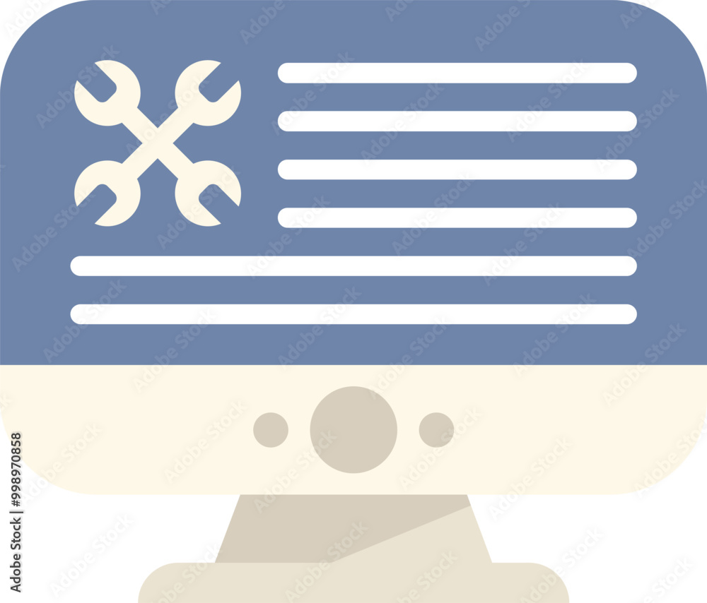 Poster computer screen displaying maintenance software with crossed wrenches icon, symbolizing technical su