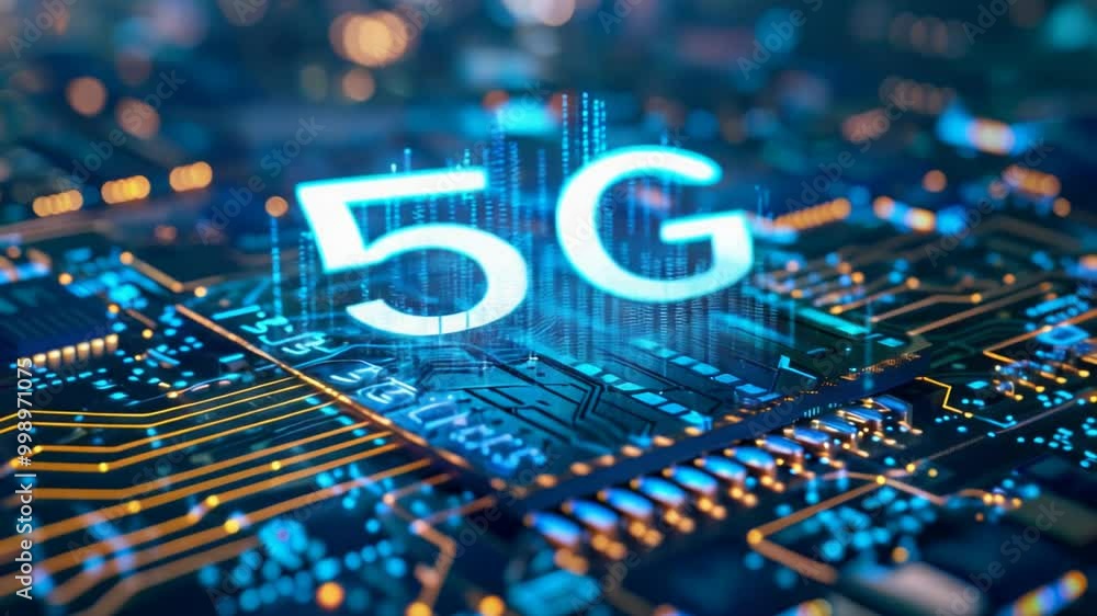 Poster this image shows a visual of 5g technology on a futuristic circuit board with various digital elemen