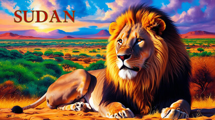 Sudan, a country rich in history and culture The vibrant colors of the landscape  African nation. A majestic lion, symbolizing strength and resilience, its golden mane shimmering in the sunlight. 
