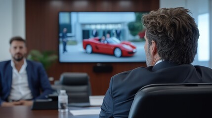 An executive at a conference table watches a screen displaying a red sports car and a group of people, indicating a high-stakes business meeting or presentation.