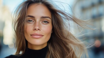 Fototapeta premium A smiling woman with long hair poses on a city street, capturing the essence of urban life, freedom, and style, set against a blurred background of buildings.