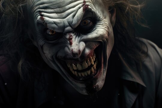 Creepy evil clown smiling with dark background. Halloween celebration. Party costume concept. Portrait of horror character or villain, evil killer - Powered by Adobe