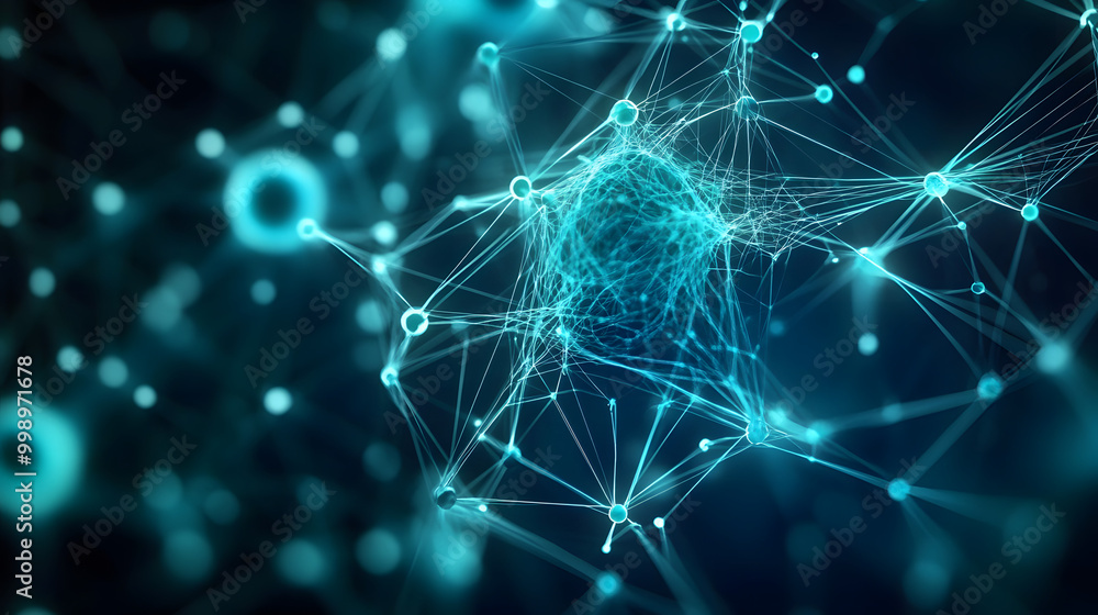 Aufkleber abstract blue green technology background with a cyber network grid and connected particles artifici