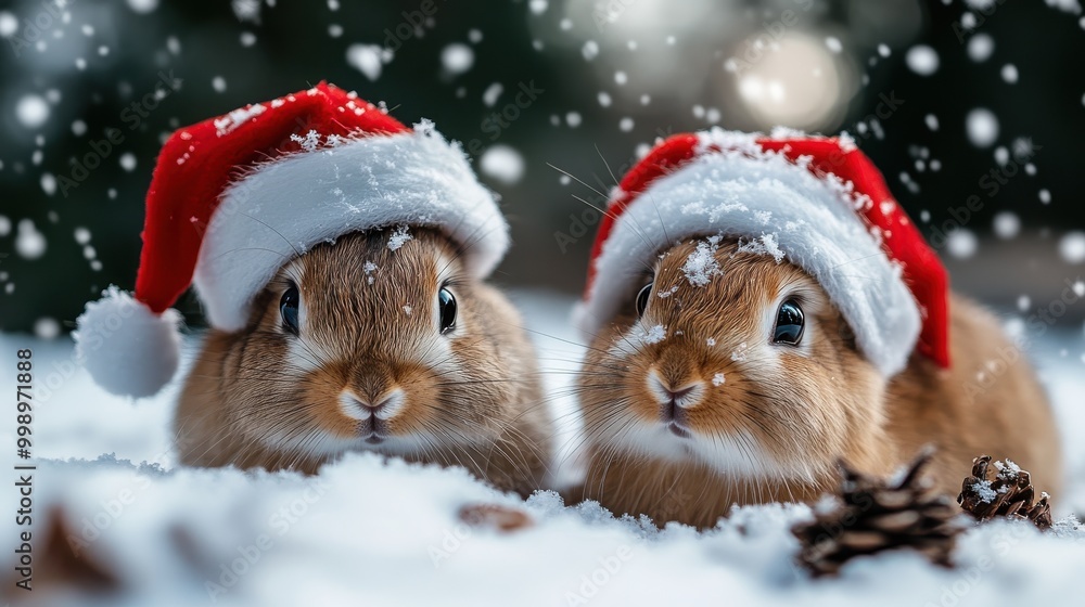 Wall mural two adorable rabbits wearing santa hats are perched in the snow, highlighting a festive and heartwar