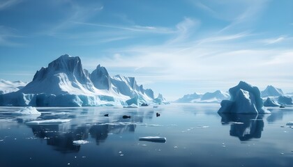 A cold, striking illustration of towering glaciers and icebergs, generative ai