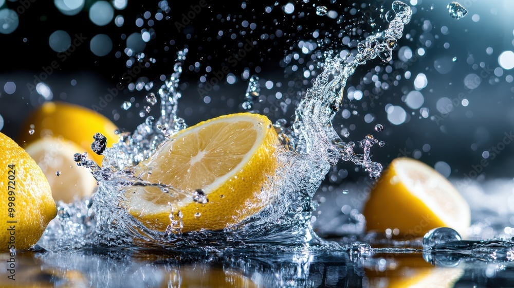 Aufkleber lemon slices creating dynamic splashes in water, captured with high-speed photography. the freshness