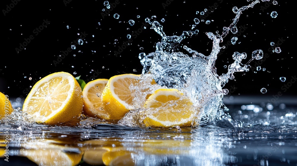 Aufkleber a group of fresh lemons caught in the act of splashing into water. the dynamic capture highlights th