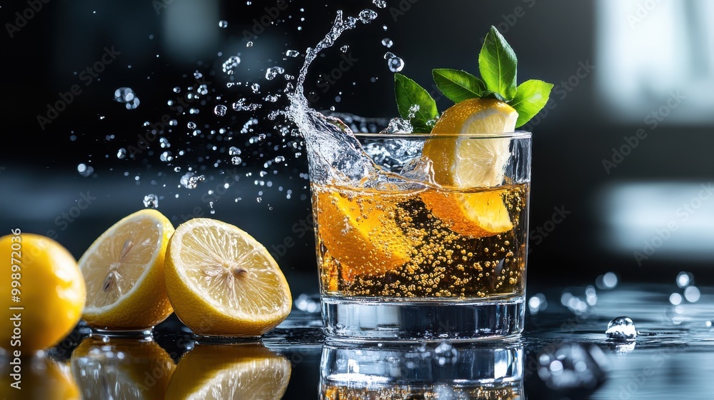 Aufkleber lemon slices splashing into an ice-cold drink with leaves, creating a refreshing and vibrant scene. 