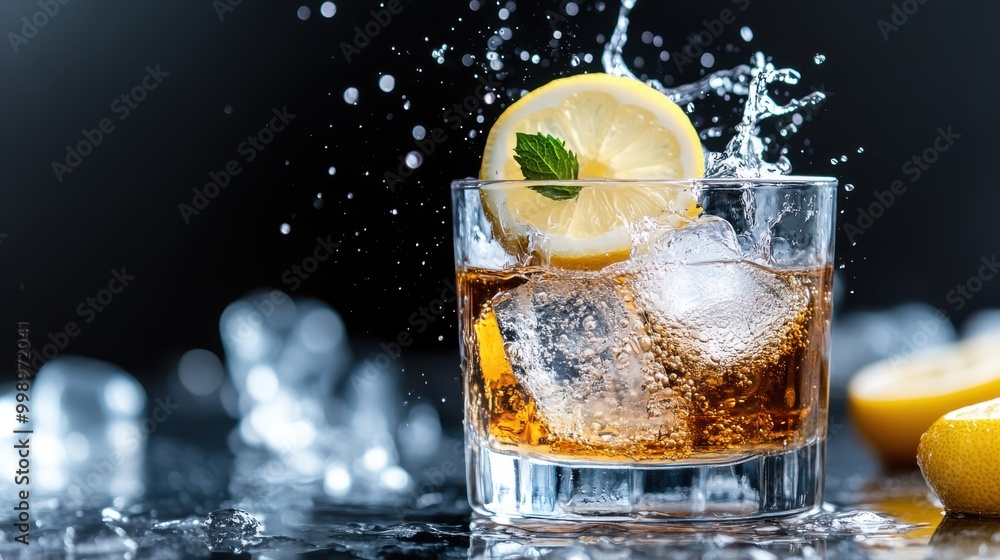 Poster an enticing iced drink with lemon slices and a mint leaf splashing dynamically in a glass. the image