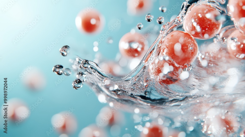 Aufkleber red spherical objects splashing in water, capturing the essence of dynamic motion and fluidity with 