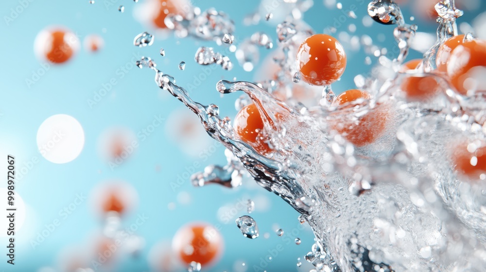 Aufkleber orange spherical objects in water showcase a dynamic and high-energy scene with splashes and waves, 