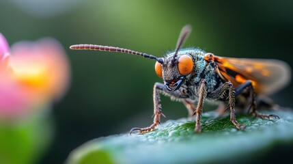 Naklejka premium An up-close shot of an insect highlighting its colourful, detailed eyes and intricate body structure, capturing the natural beauty and complexity of the small creature.