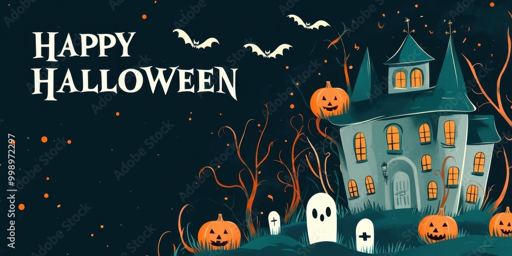 Poster spooky halloween background with a haunted house, bats, and a moon on a black color background 