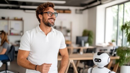 A man in a white polo shirt stands in a modern office, engaging in a conversation with a small robot, representing a blend of contemporary technology and human interaction.