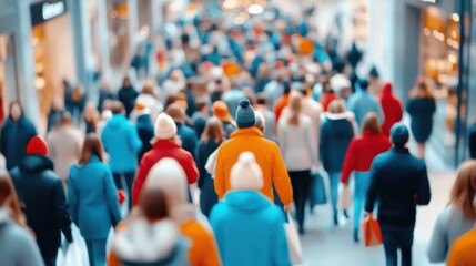 Fototapeta premium A large crowd of people is seen shopping in an urban area, showcasing the busy nature of city life and the high energy environment of a popular retail destination.