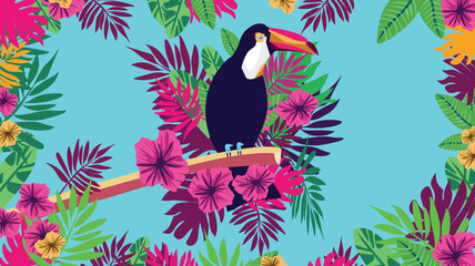 Naklejka premium a toucan perched on a branch and surrounded by lush tropical leaves and colorful flowers, representing the beauty and diversity of nature.