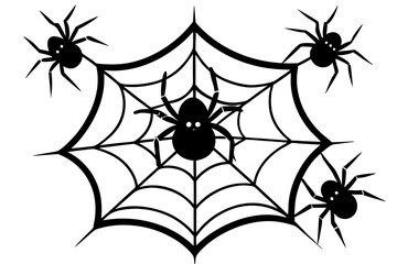 Spiders on cobweb or spiderweb for Halloween holiday and trick or treat party, vector background. Horror night holiday greeting card with creepy spooky spiders hanging on cobweb for banner or poster