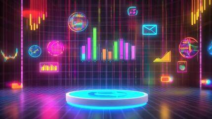 Obraz premium Neon glowing abstract background with charts, icons, and a podium in the center for business presentations.