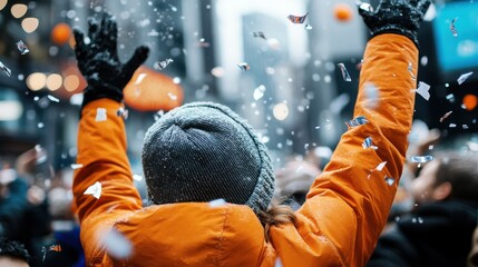 A person in an orange jacket and grey beanie celebrates with arms raised in a crowded street as confetti falls around, showcasing a festive atmosphere and energy.