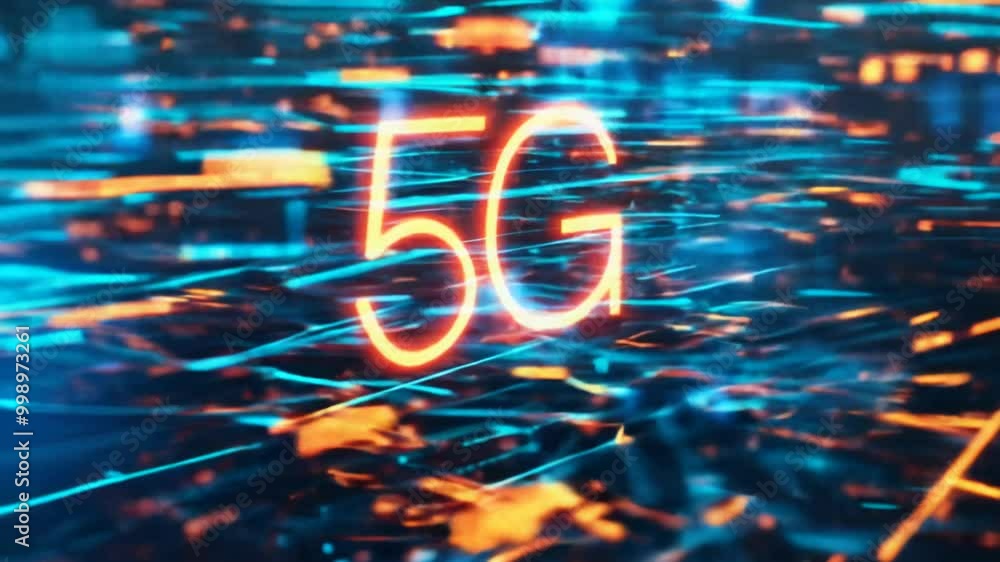 Poster this image shows a visual of 5g technology on a futuristic circuit board with various digital elemen