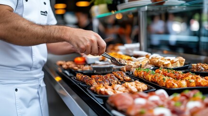 A chef expertly serves a variety of gourmet dishes at a restaurant buffet counter, showcasing culinary skills and diverse, tantalizing food options in a bustling dining setting.