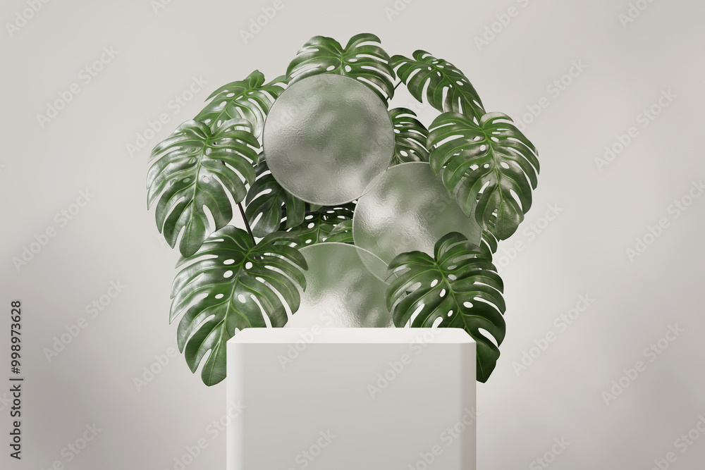 Poster 3d rendering abstract platform podium with monstera plant product presentation background