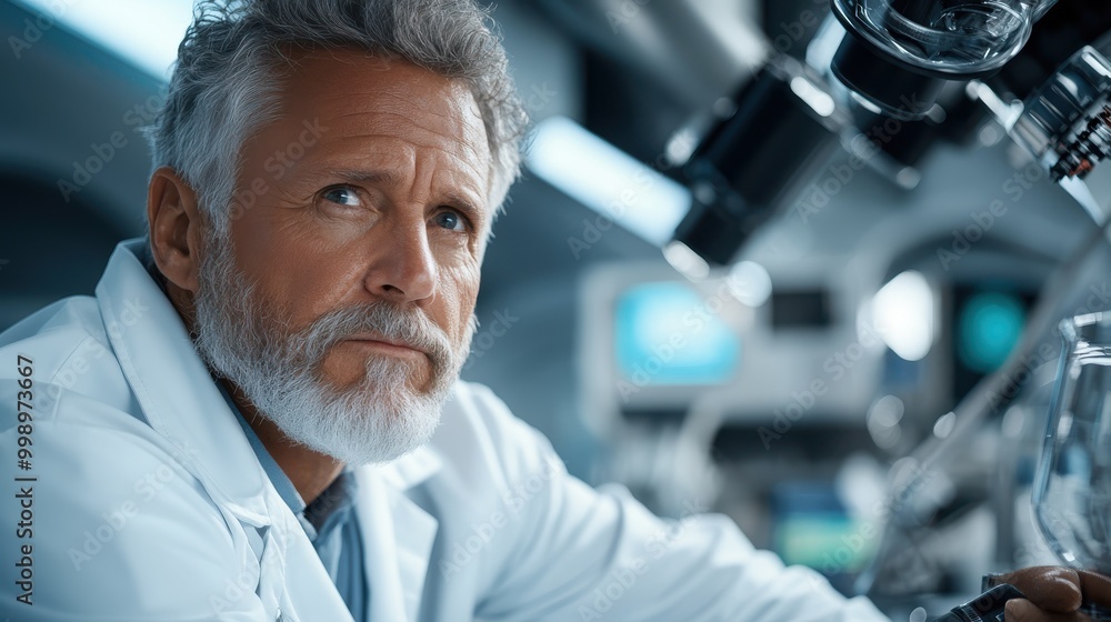 Poster a mature scientist with a thoughtful expression works in a high-tech lab, surrounded by advanced equ