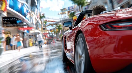 A red sports car being driven through a brightly lit urban environment with the driver visible, passing by buildings and people, capturing the motion and city essence.