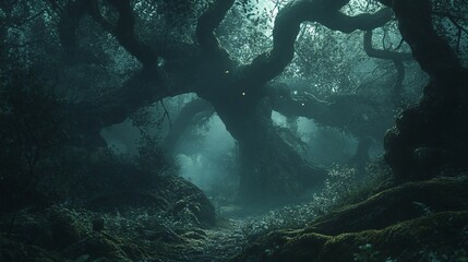 Obraz premium A Path Through a Dark and Mystical Forest with Glowing Eyes in the Trees