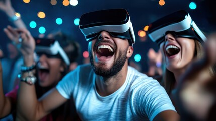 A group of friends enjoying a fun and immersive experience with virtual reality headsets at a vibrant and lively party with colorful lighting and dynamic environment.