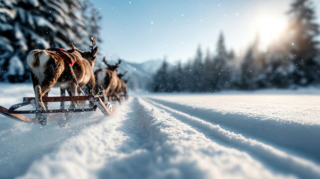 A charming winter scene with reindeer pulling a sleigh along a snow-covered trail in a dense forest, showcasing the beauty and tranquility of the natural winter landscape.