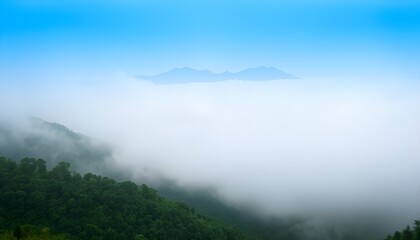 A mysterious and serene scene where thick fog rolls through a lush green mountain valley, generative ai